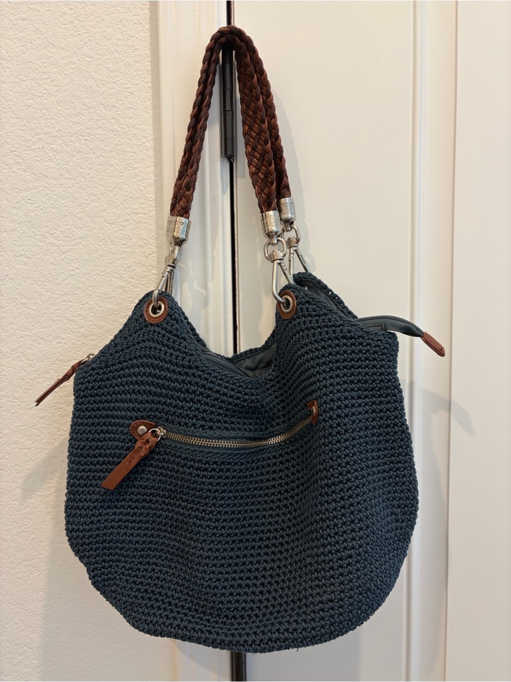 The Sak Woven Navy Double Handle Zip Crochet Bag